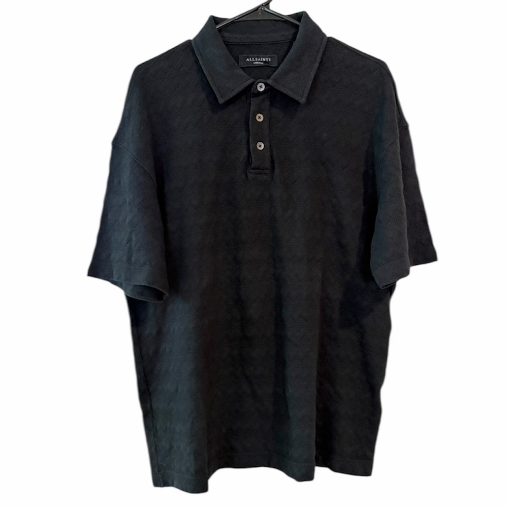 All Saints‎ Men's Textured Short-Sleeve Black Polo MEDIUM